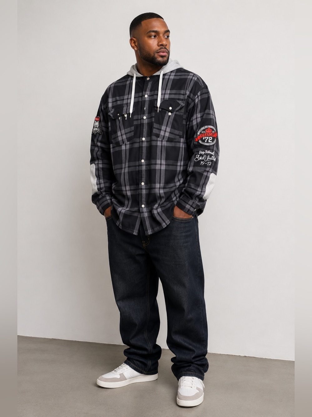 Ecko Unlimited Black & Gray Plaid Button-Down with Hood